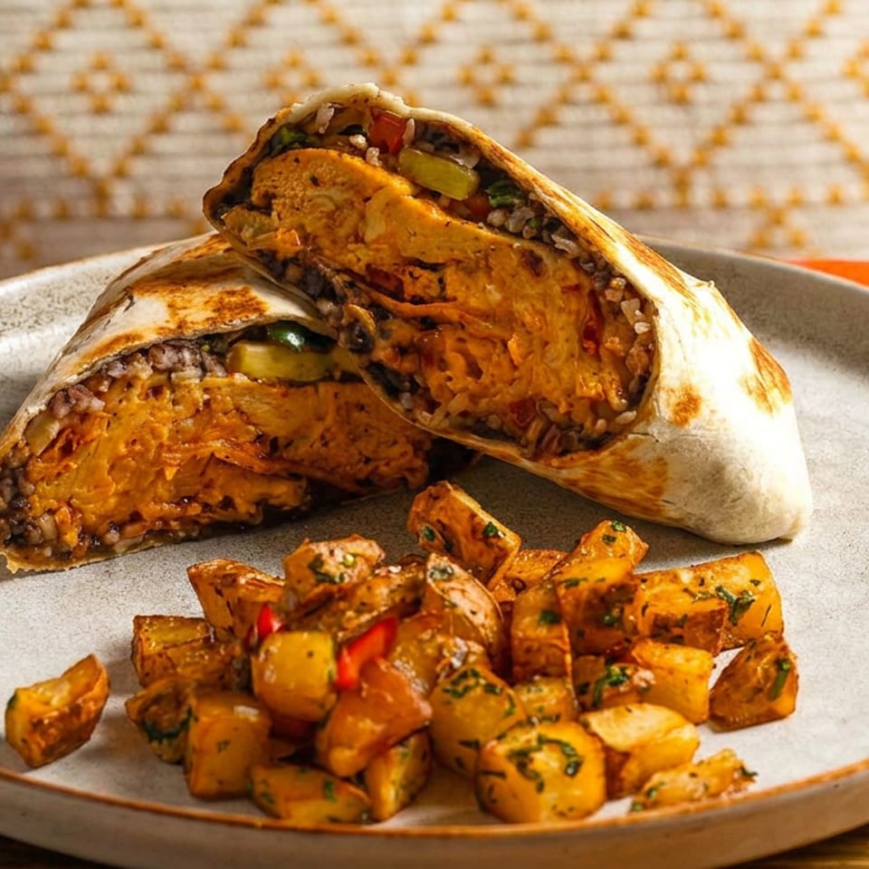 Two halves of a breakfast burrito with a side of roasted potatoes on a gray plate.