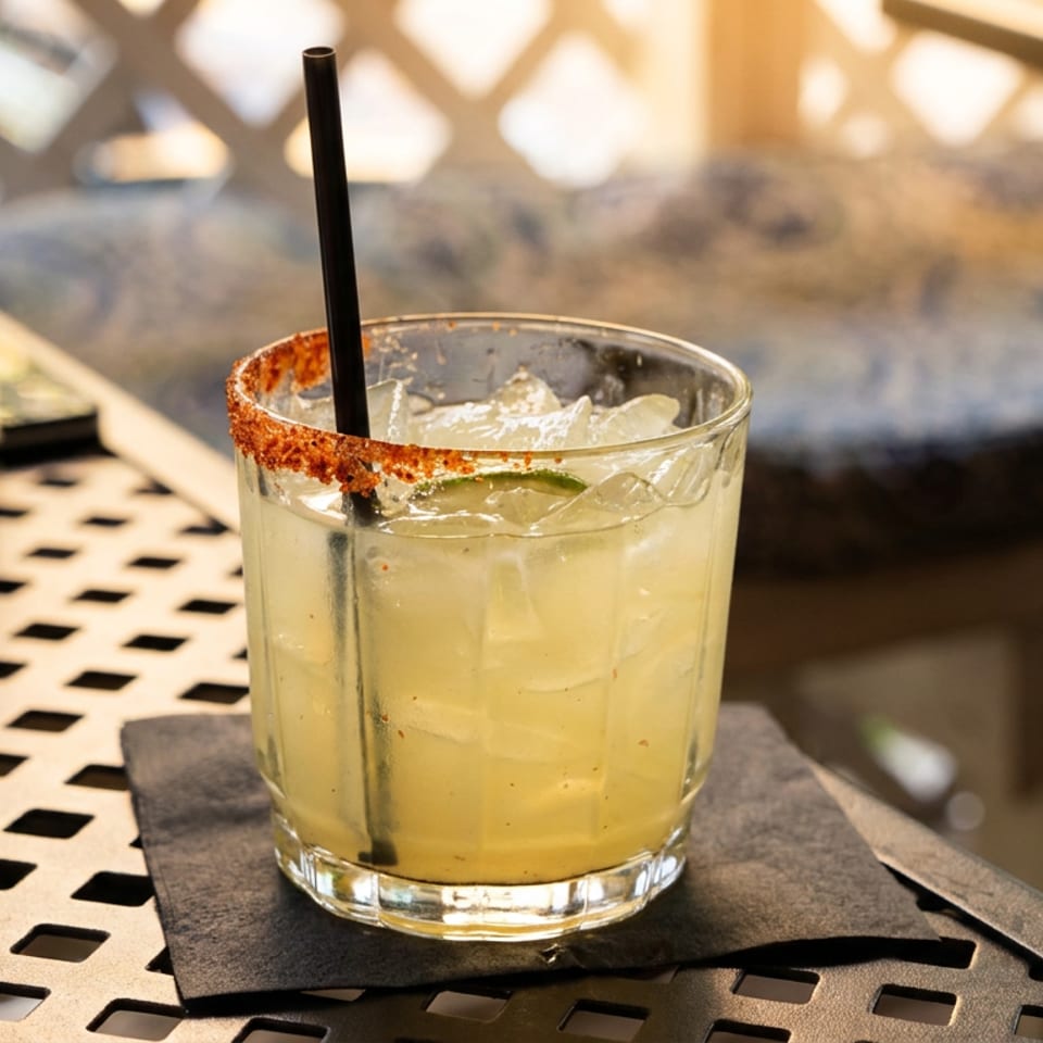 A margarita with a chili-salt rim, lime, and black straw sits on a black metal table.