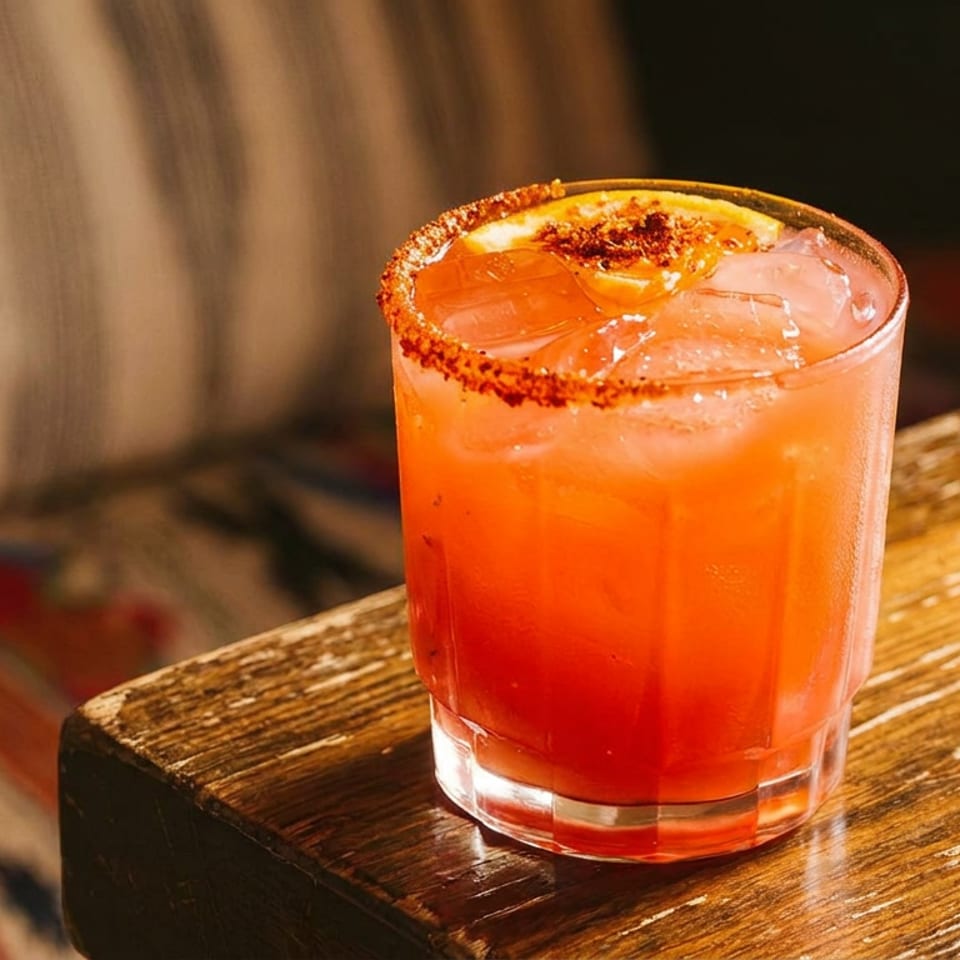 A vibrant orange cocktail with a chili-salt rim and orange slice garnish on a rustic wooden table.