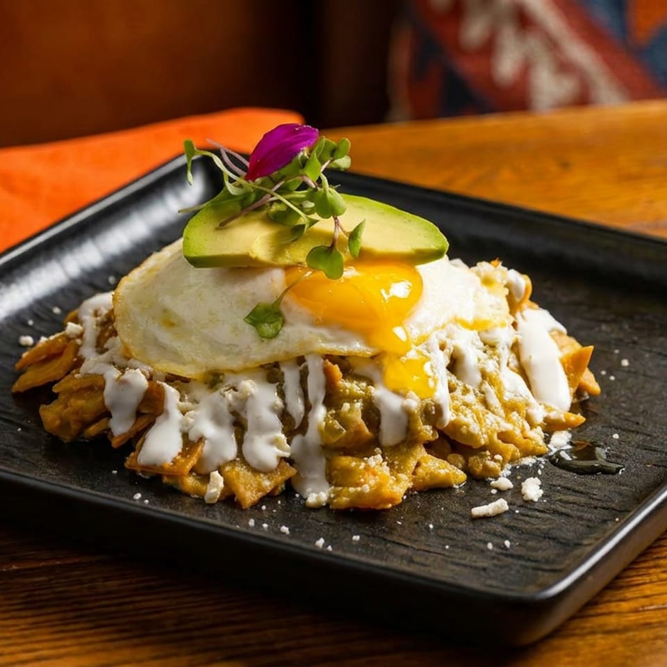 Chilaquiles with green sauce, fried egg, avocado slices, and microgreens on a black plate.
