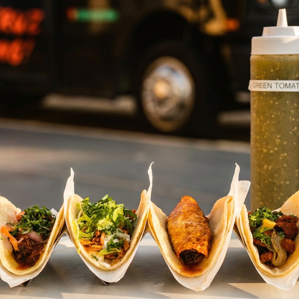Four tacos and two squeeze bottles of green tomatillo and chile de arbol salsa on a table.