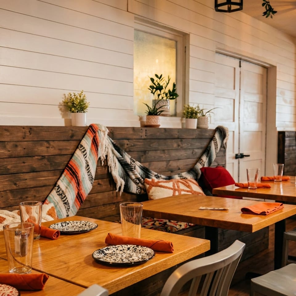 Cozy restaurant interior with wooden tables, colorful blankets on banquettes, and a person dining.