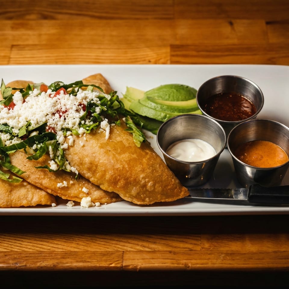 Fried quesadillas topped with lettuce, tomato, and cheese, served with avocado slices and three dipping sauces.