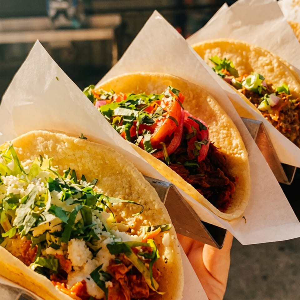 A hand holds a metal tray with four tacos, each with different fillings, against a blurred background.